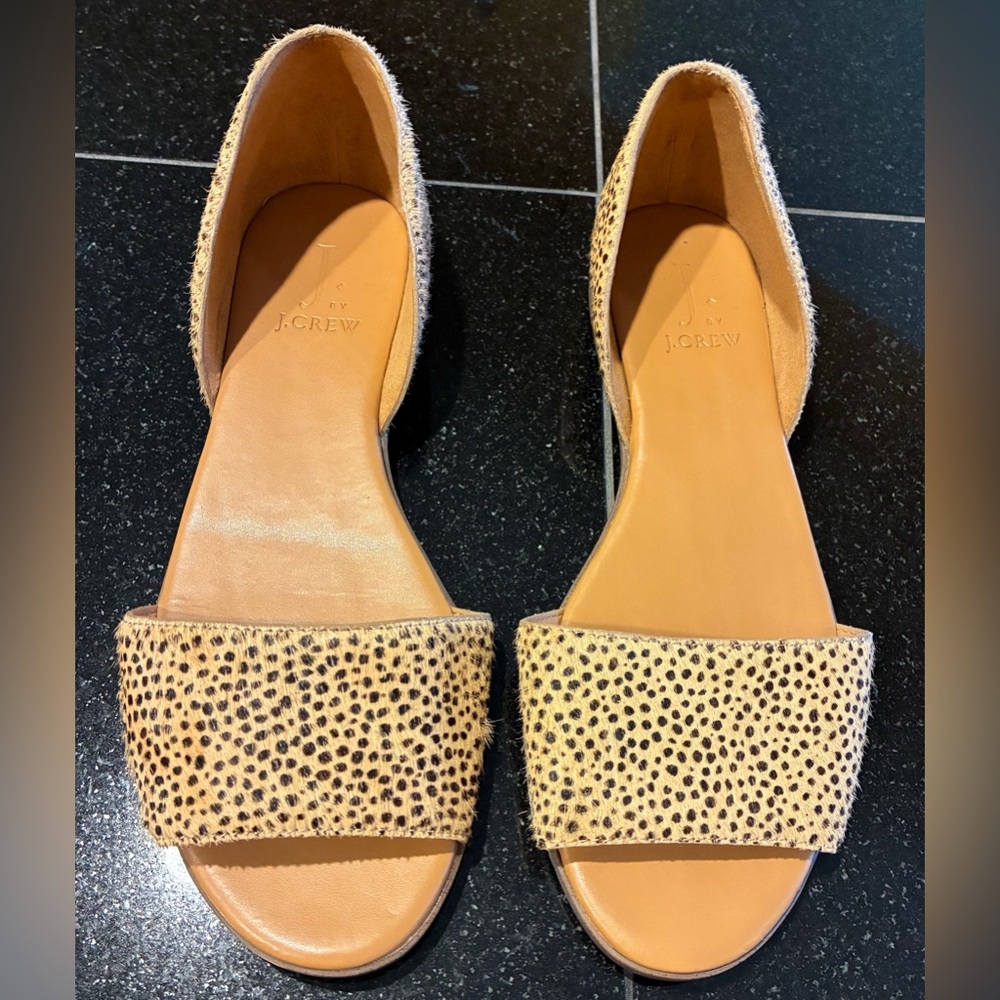 J.Crew Flats Morgan calf-hair peep-toe leopard print SZ. 6.5 Women’s
